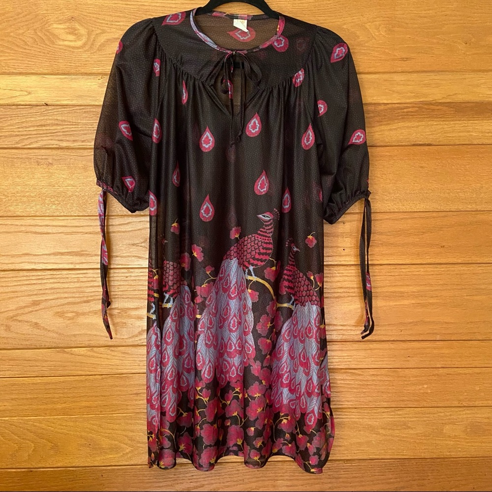 Vintage 70s boho peacock print puff sleeve sheer nightie